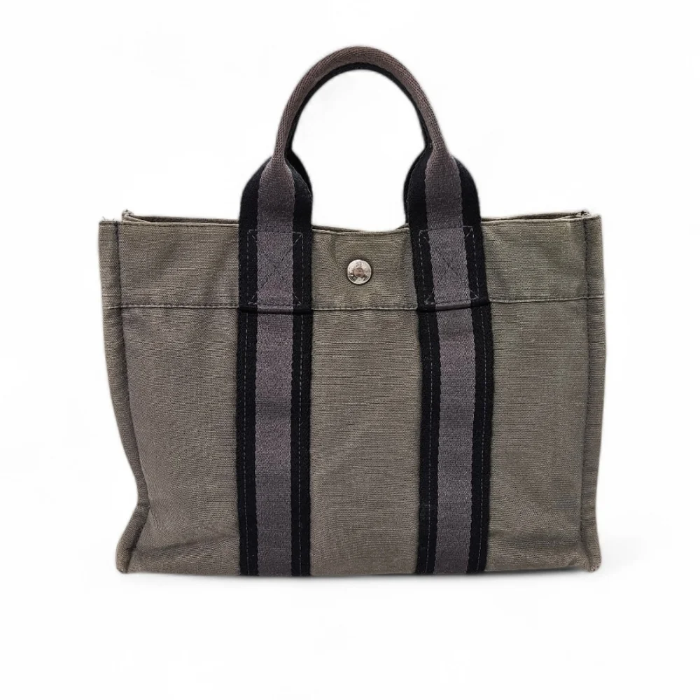 Hermes Fourre Tout PM Holdall Tote Bag In Gray And Black Cotton Canvas